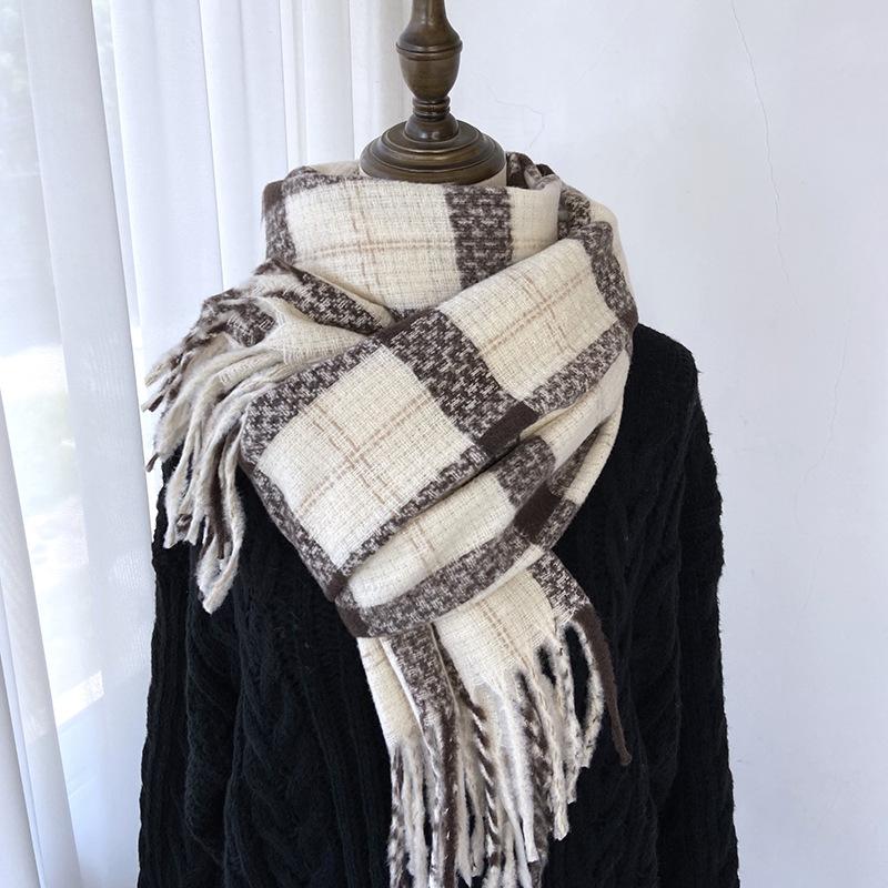 Luxury Autumn Winter Korean Plaid Scarf Women Thickening Warm Tassel Shawl Cashmere Imitation Muffler Fashion Designer Scarves