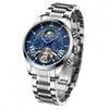 BIDEN Herren Automatische Mechanische Uhr Mondphase Skelett Chronograph Wasserdicht Stahl Armbanduhr