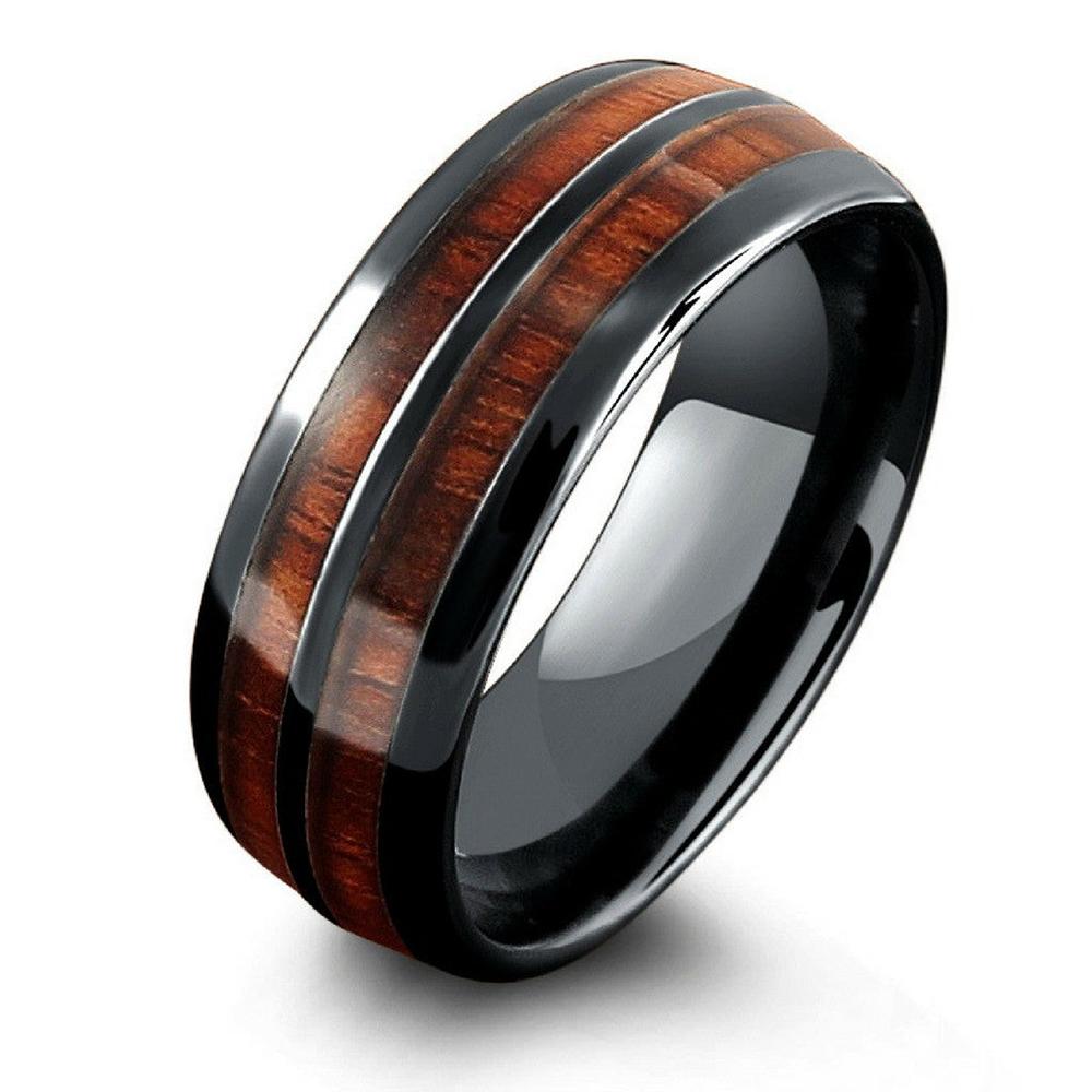 Luksus menn 8mm koa tre innlegg titan giftering for menn kvinner Dome polert rustfritt stål forlovelsesring menn bryllup band