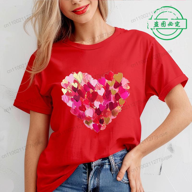 Valentine Heart Printed T Shirt for Women Leopard Heart T-shirt Girl Short Sleeve Crew Neck Casual Top for Summer Women Clothing