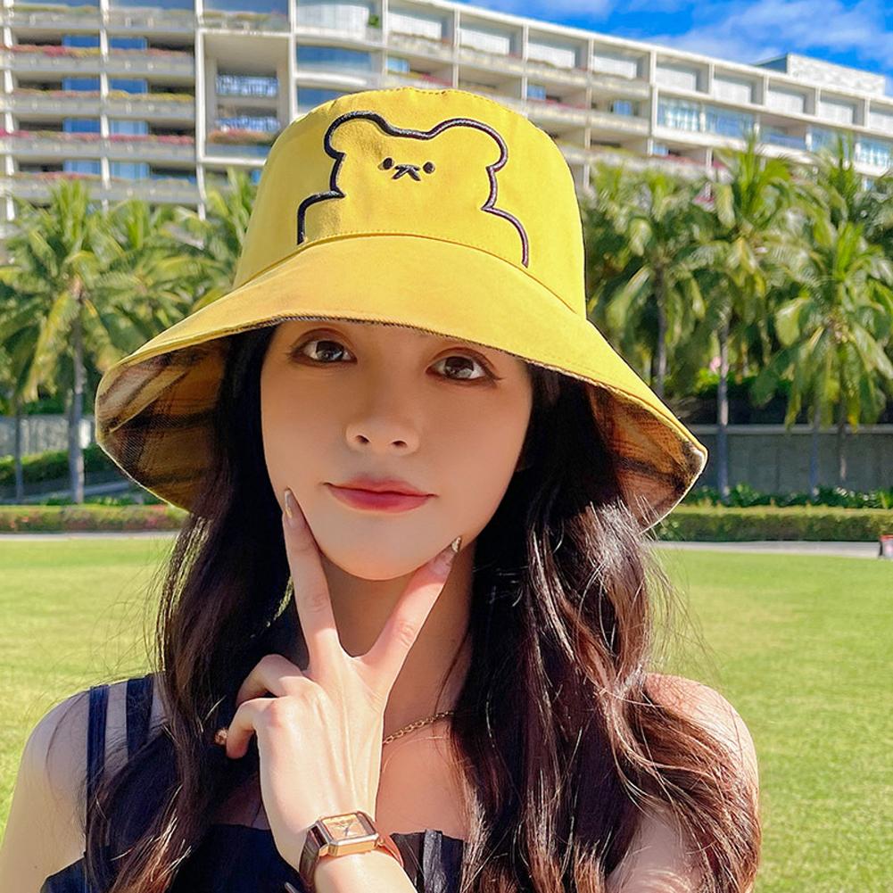 Fishing Hat Cotton Double-sided Embroidered Bear Pattern Sunshade Bucket Beach Hats