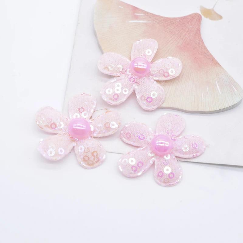 

10Pcs 38mm Sequins Flower with Pearl for DIY Clothes Hat Patches Fabric Sewing Headwear Hair Clips Decor Accessories рожевий