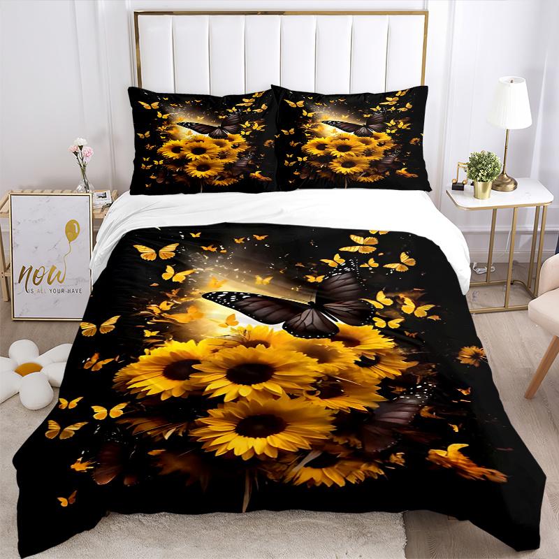 3pcs Black Butterfly Is Flying Among Sunflowers Bedding Set, 1 Soft Quilt Cover + 2 Pillowcases, Machine Washable, Suitable for All Seasons
