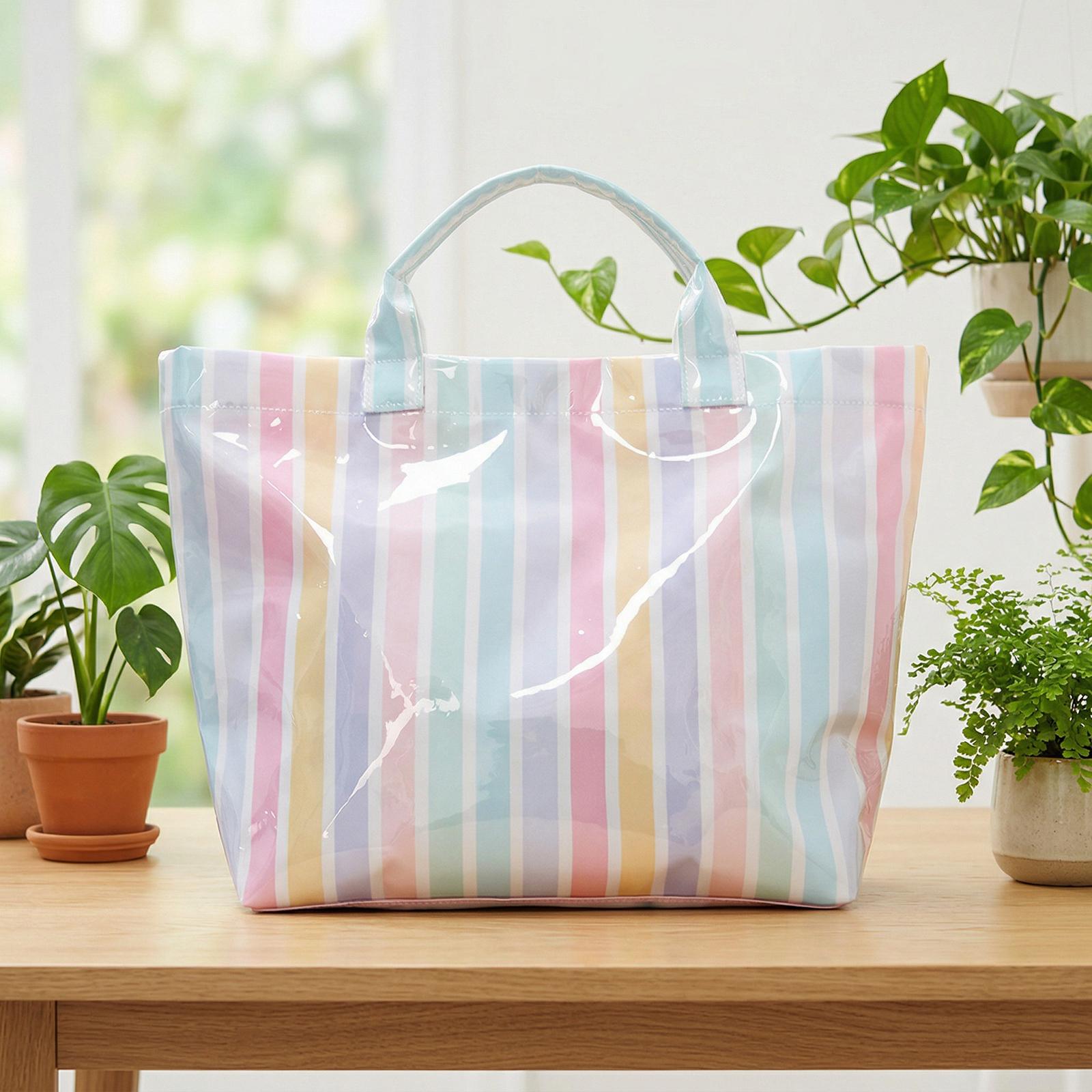 

Polyester Travel Handbag Striped Design Large Capacity Hand Luggage Shoulder Bag Lightweight Folding Tote Bag for Women Commuter