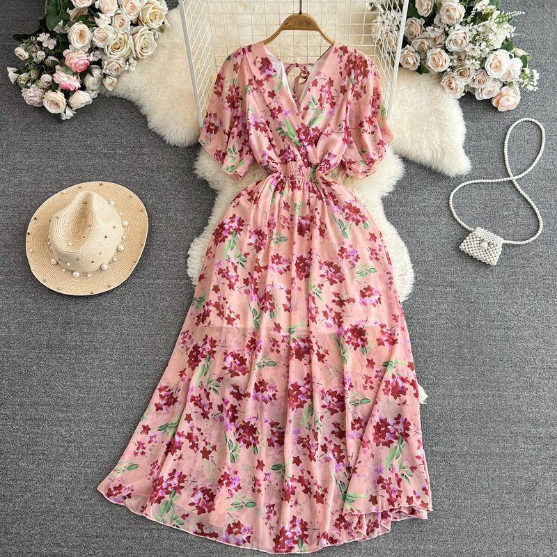 

Summer Gentle Chiffon Dress Large Swing Short Sleeve Foundation Safflower All yards