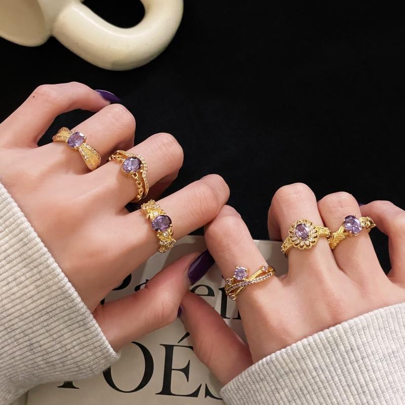 Retro Purple Diamond Colored Treasure Zircon Medieval Brushed Open Ring Gold Light Luxury High-End Niche Accessories Women
