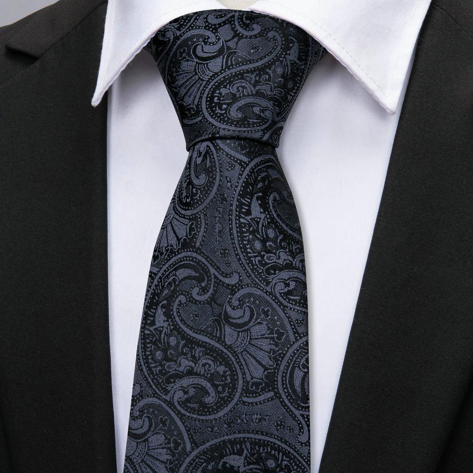Mens Fashion Black Tie with Brooch Formal Silk Necktie Hanky Cufflink Set