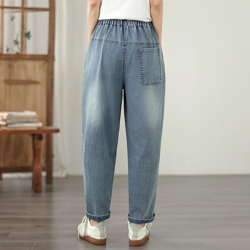 Plus Size Vintage Embroidery Character High Waist Casual Loose Women Spring Summer Autumn Jeans Denim Harem Pants