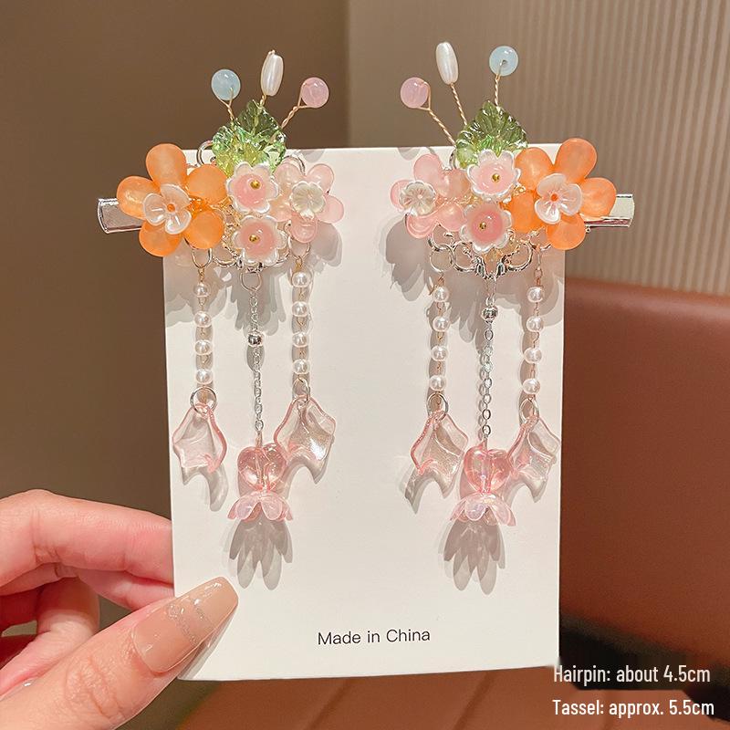 Children's Traditional Hanfu Headdress Hair Clips with Tassels - Handmade Pair for Girls