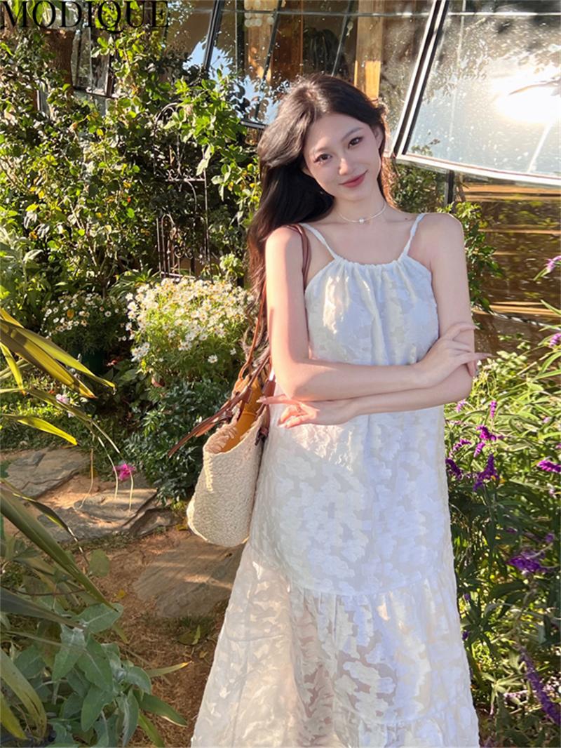 

MODIQUE Летние женские элегантные жаккардовые повседневные пляжные шифоновые платья с открытой спиной для девочек, длинные платья с лямкой на бретельках, женские однотонные белые платья для торта в сказочной атмосфере M белый