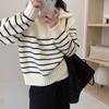 Half Zipper Striped Pullover Sweater Women's Loose Short Lazy Style Versatile Knitted Sweater Autumn and Winter New
