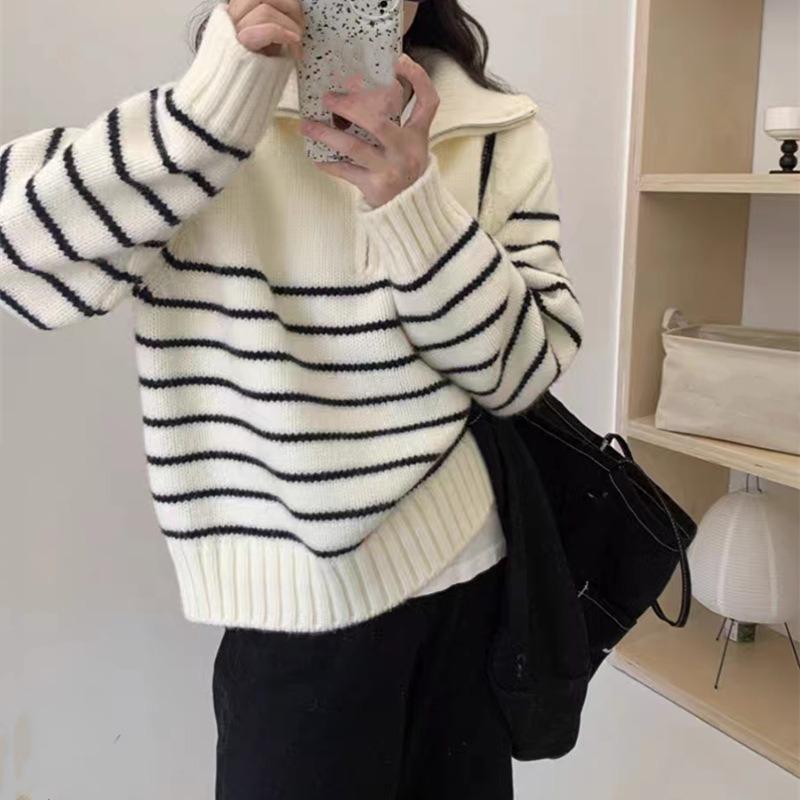 Half Zipper Striped Pullover Sweater Women's Loose Short Lazy Style Versatile Knitted Sweater Autumn and Winter New