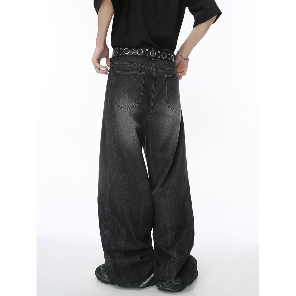 | Black and gray retro old polished white washed pattern straight wide leg loose jeans casual