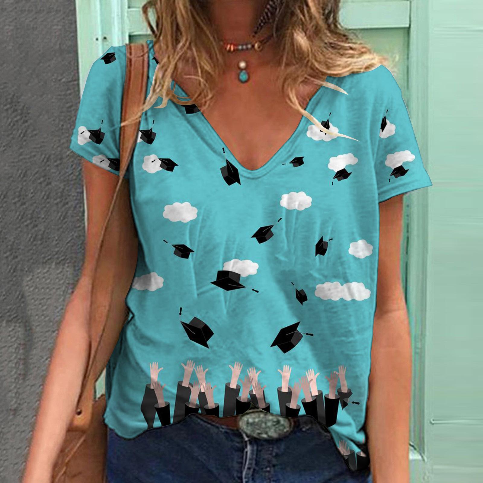 

Женская летняя футболка с белой облачной шляпой и принтом, футболки с короткими рукавами, повседневные топы с принтом