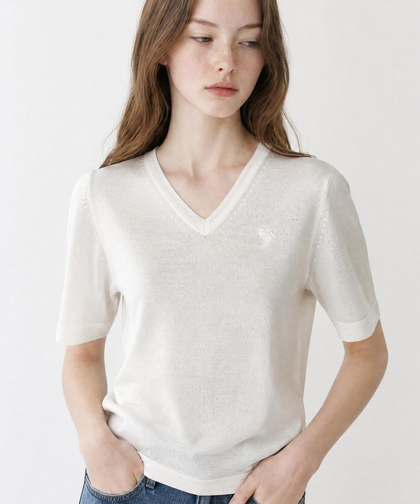 Seuneogeuyu Ether Palm Silk V-Neck Short Sleeve Knit Pullover_Ivory_S M