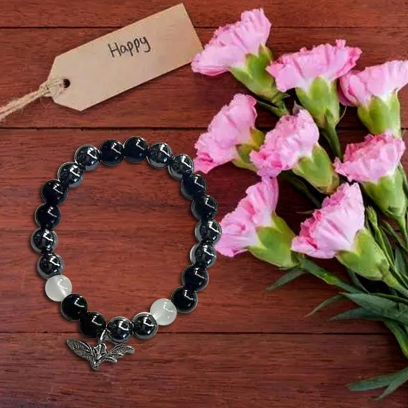 Black Red White Beaded Bracelets with Bat Cat Rose/Guitar Heart Pendant Wrist Chain Bracelet Unique Gifts for Couples