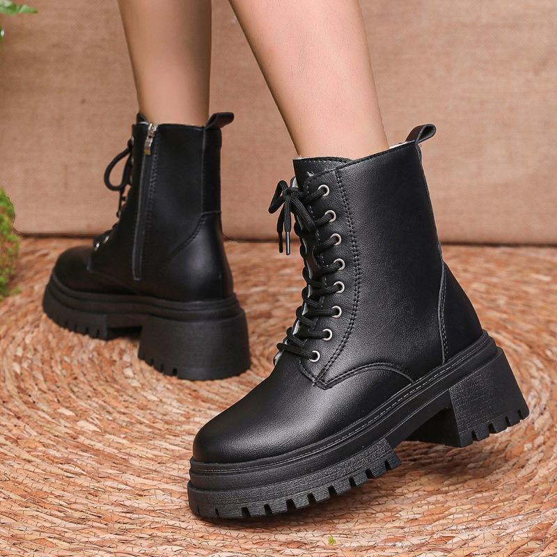 Fashion New Winter Thick Heel Cotton Boots Women's Round Head Front Tie Side Zipper Thick Sole Anti-slip Wear-resistant Short Boots