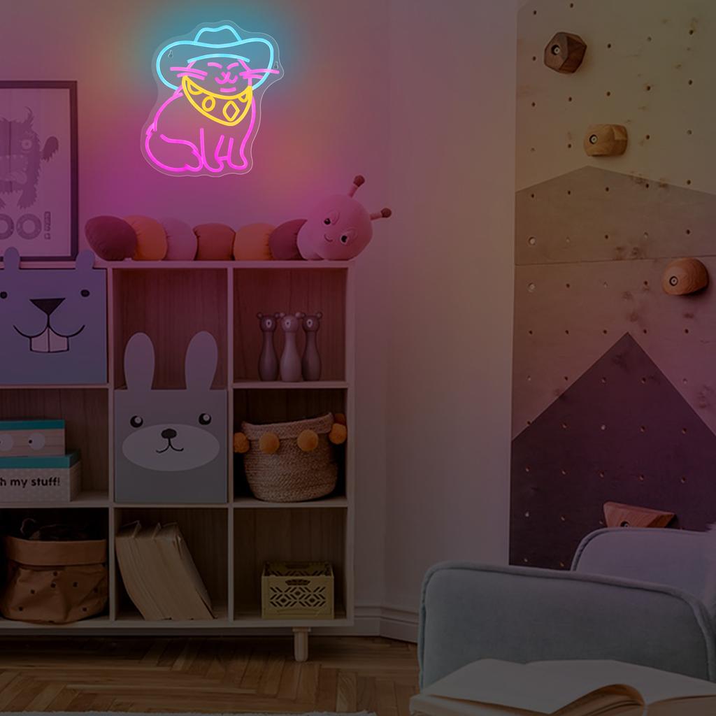 Blue Cowboy Hat Cat Neon Sign, LED Neon Signs for Wall Decor, Cat Bedroom Decor, Cat Lover Gifts, Cat Wall Decor