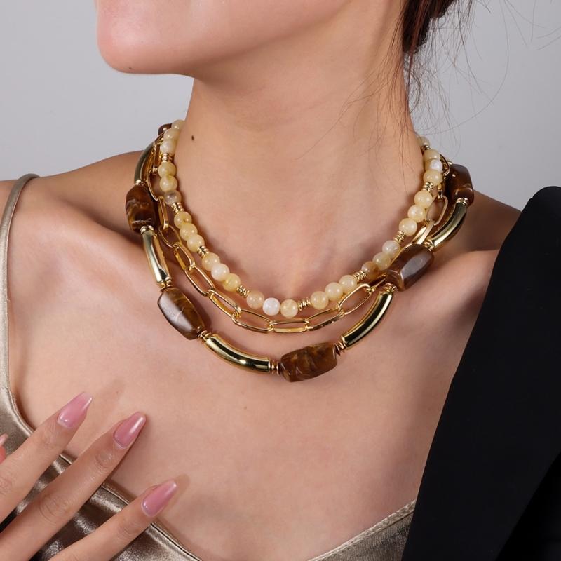 Stylish Geometric Multiple Layer Bead Necklace For Women Fashion Jewelry With Resin Accent Layer Designs For Daily Wear