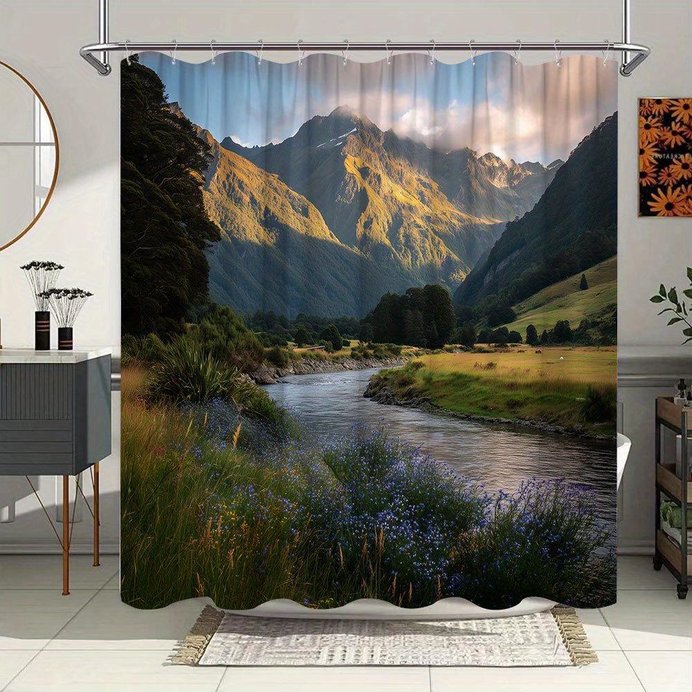 1Pc Mountain Sunset Shower Curtain - Snow-Capped Peaks, Golden River & Wildflowers Serene Landscape Photography Print, Durable