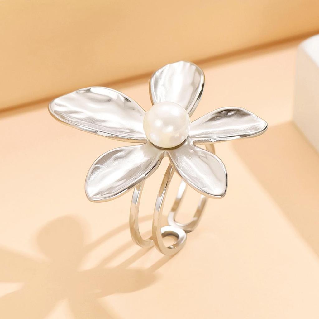Elegant Flower Pearl Inlaid Ring - Open Stainless Steel, Gold Plated Women's Accessory