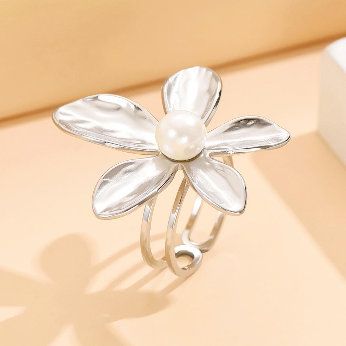 Elegant Flower Pearl Inlaid Ring - Open Stainless Steel, Gold Plated Women s Accessory