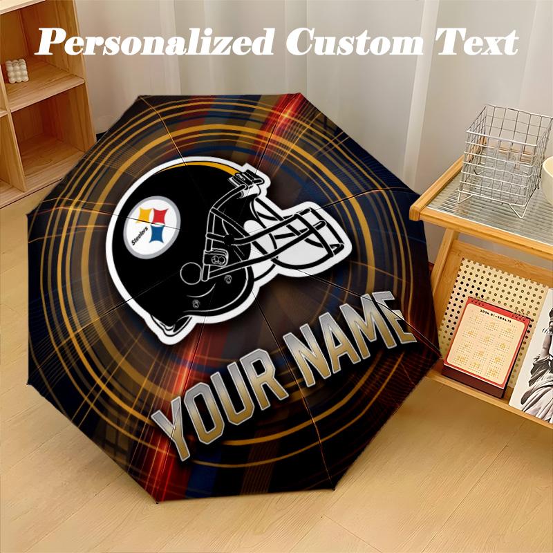Pittsburgh Steelers Automatic 8‑ribs Umbrella, Custom Name Text Personalized Folding Umbrella Rain Sun Gift