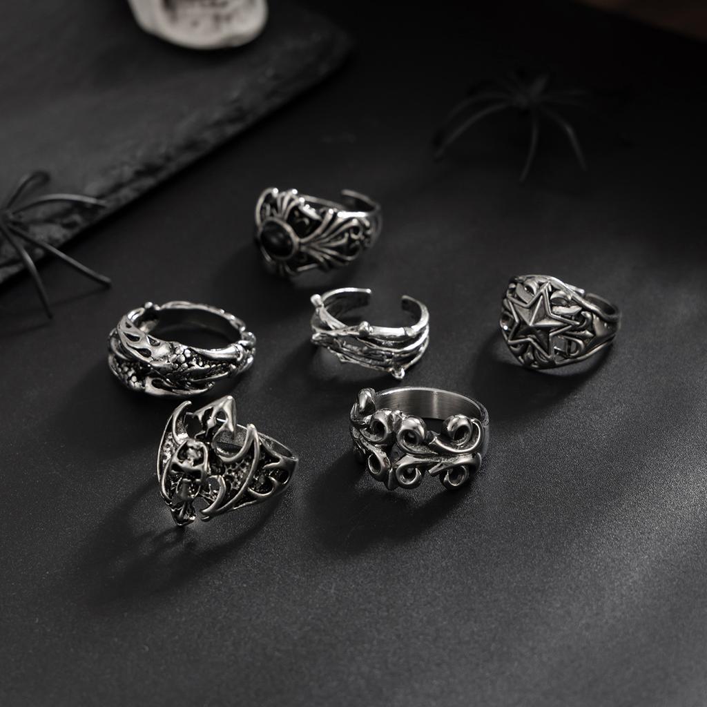 6Pcs Antique Silver Open Ring Set Male, Hip Hop Diablo Exaggerated Ring Accessories Gift