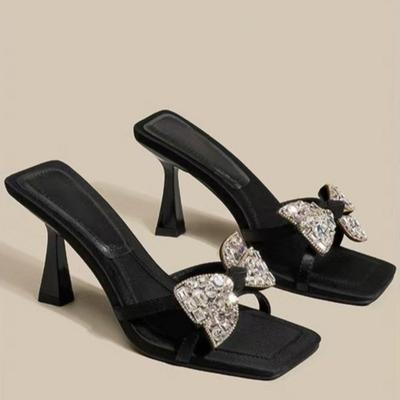 Sommer Neue Stiletto-Sandalen Quadratische Spitze Offene Zehen Pailletten Schmetterlingsknoten Dünner Riemen Rutschfest Abriebfest High-Heel Pantoletten