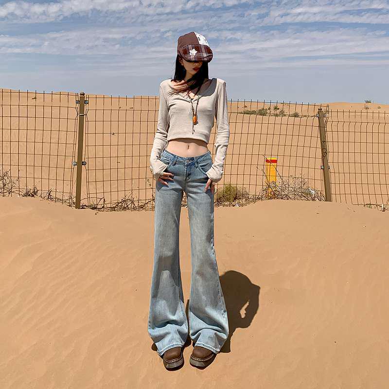 

Petite Light Blue Low-Rise Micro-Flare Jeans for Autumn/Winter, Long Pants, Similar to Black Denim Flare Style Extra Small