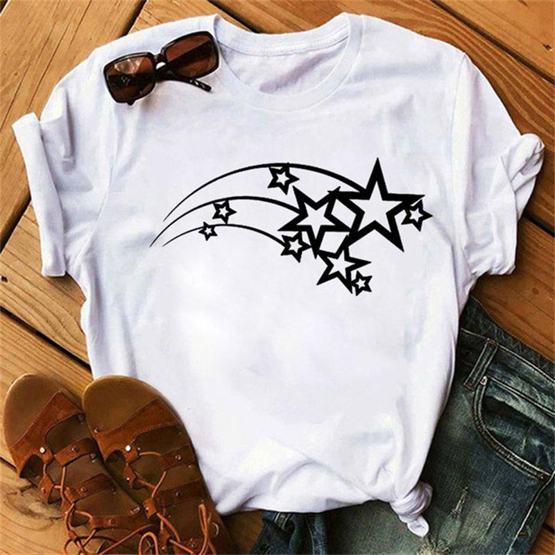 Maycaur Woman Star Moon Print Harajuku Summer Tshirts Casual Round Neck Short Slee Top Tee Shirt Women Black T-shirt Drop Ship