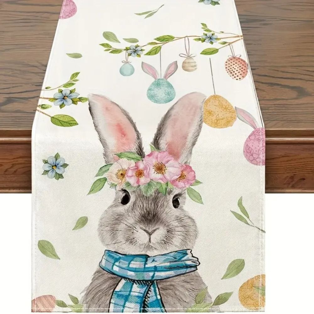New Linen Happy Easter Table Runner Egg Rabbit Easter Tablecloth Bunny Placemat Dining