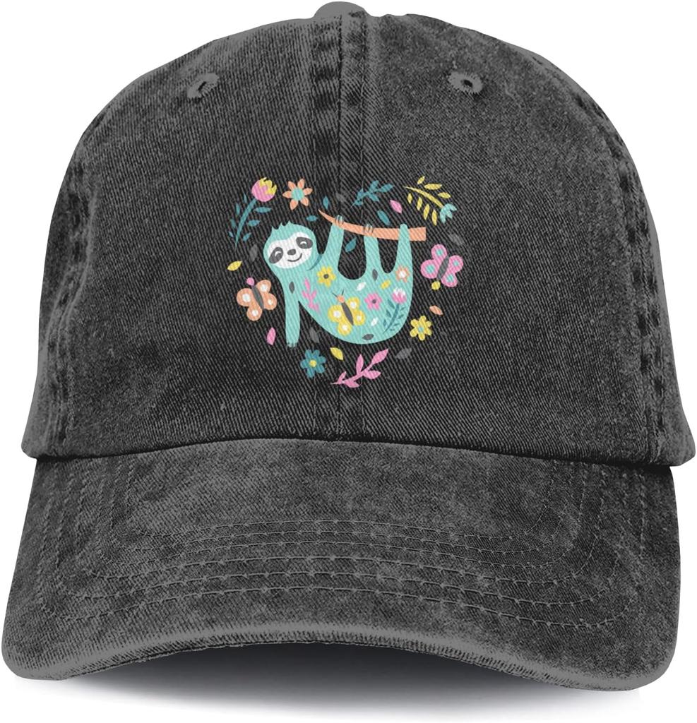Cute Sloth Floral Print Baseball Cap Women Men Adjustable Vintage Washed Casual Sun Protection Hat