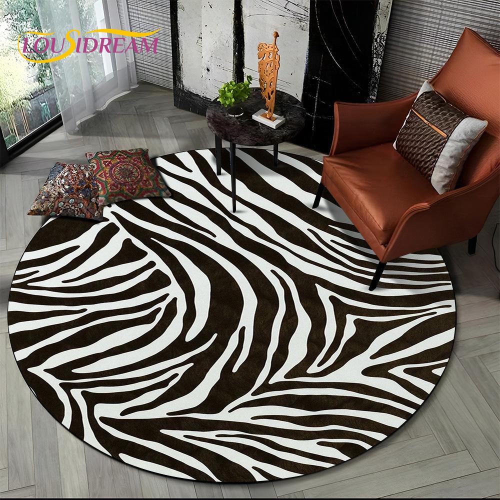 3D Barevný Pruhovaný Vzor Zebra Kulatý Koberec pro Obývací Pokoj, Ložnici, Dětský Herní Koutek Dekor, Protiskluzová Podložka do Zóny pro Domácí Mazlíčky
