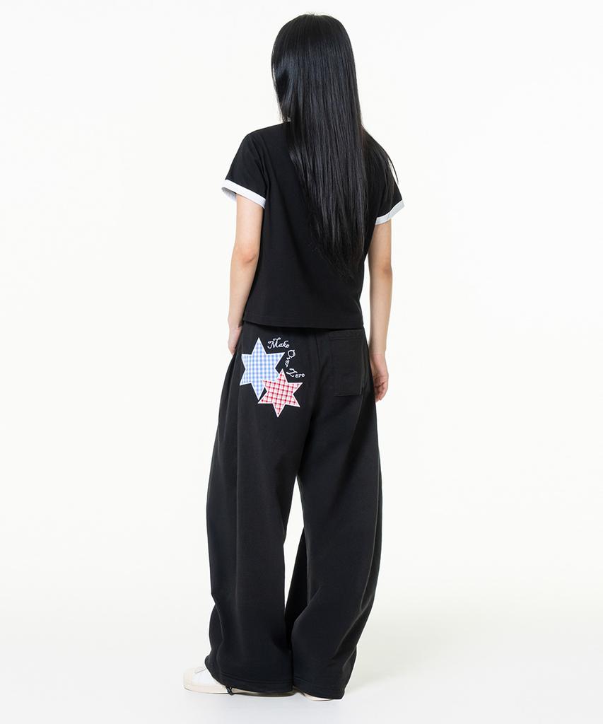 MOZMOZ [Set] Star Patch 2-Type Ringer Short Sleeve T-Shirt + Side Pleated Wide Training Pants