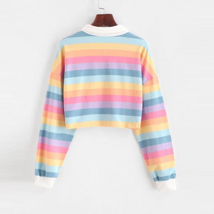 Women's Korean Style Rainbow Striped Polo Hoodie Sweater Long Sleeve