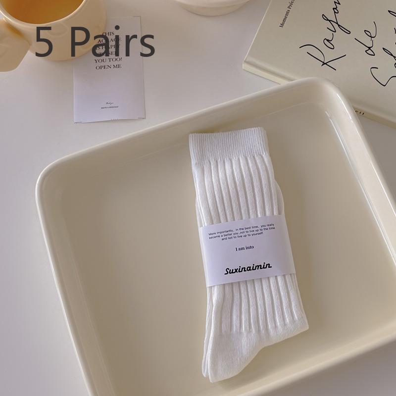 5 Pairs of Women's Spring and Autumn Trend 100 Match Sweat Absorption Solid Color Vertical Striped Mid Tube Socks