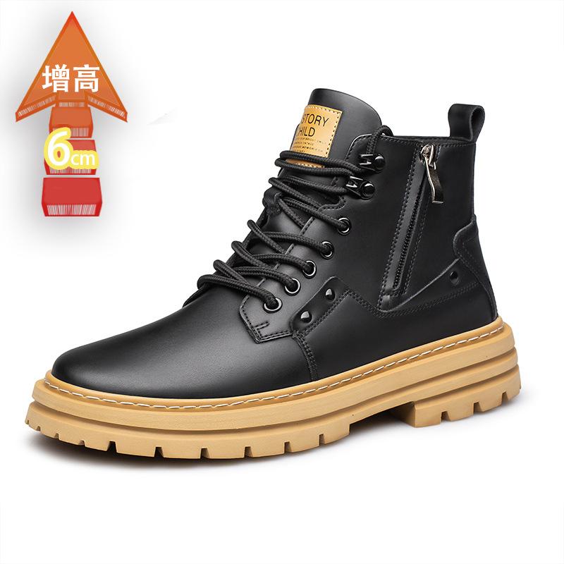Autumn and winter trend cowhide Martin boots high-top tooling British style invisible inner heightening thick-soled lace-up tooling boots men's boots