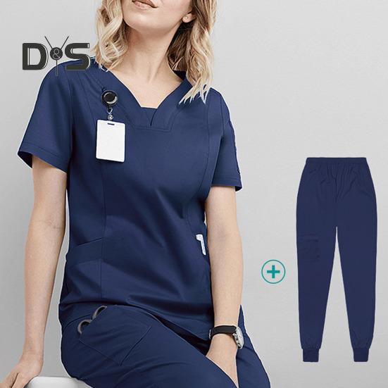 2 stk/sett Dame Sykehusuniformsett V-hals Kort ermet Lommer Topper Elastisk midje Joggebukser Sett Hurtigtørkende Sykehus Tannlege Sykepleierdrakt