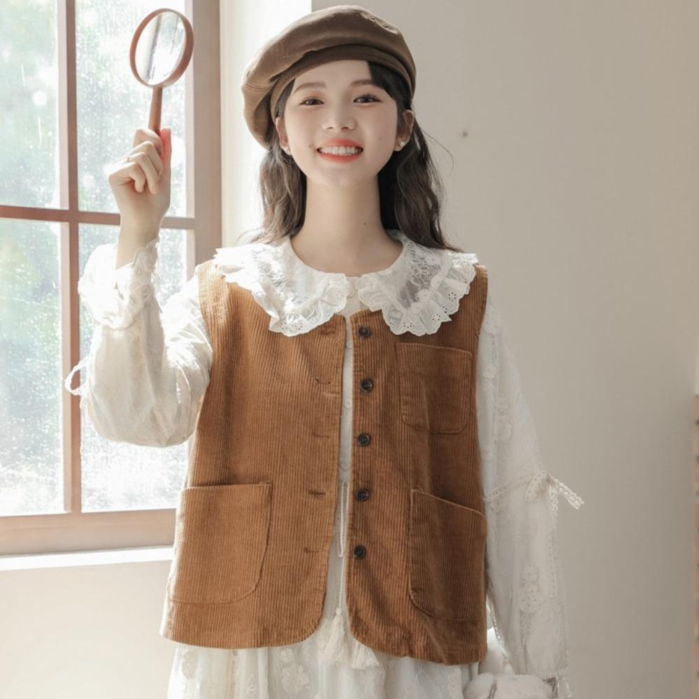 

Round Neck Button-up Short Coats All Match Waistcoat Women Simple Vintage Corduroy Vests Ladies XL коричневий