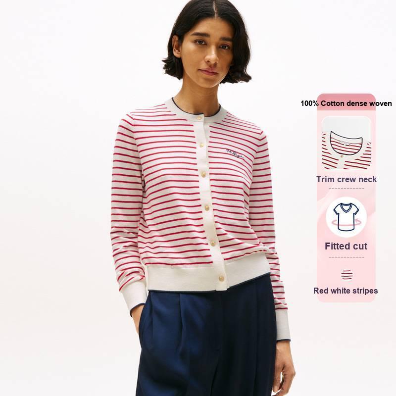 Tommy Hilfiger Striped Trim Cotton Commuter Crew Neck Cardigan Sweater Women sweater WW0WW46033