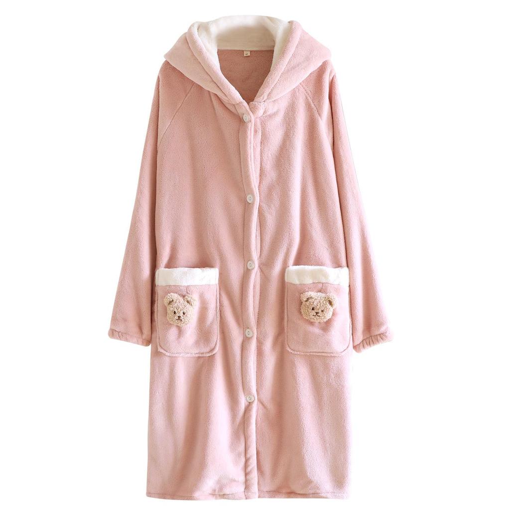 Women's Thickened Hooded Flannel Bear Robe - Cozy Wear for Indoor & Outdoor Spring and Autumn.