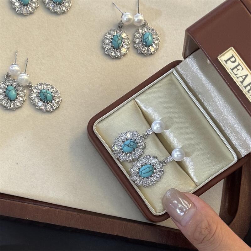 Yuhé New Pearl Earrings with Sparkling Cubic Zirconia and Blue Turquoise S9Silver Needle Old Money Style Light Luxury High-End Earrings