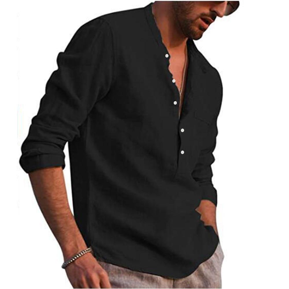 Cotton Linen Men's Long-Sleeved Shirts Summer Solid Color  Stand-Up Collar Casual Beach Style Plus Size