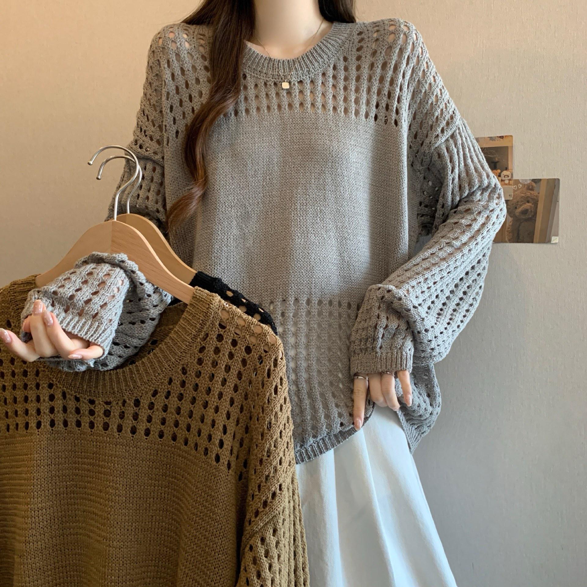 

Plus Size Korean Casual Knit Top - Long Sleeve, Hollow Out Design, Belly Covering XL чёрный