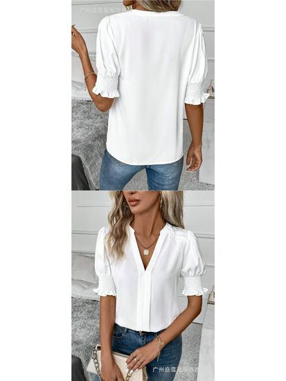 Women's Summer V-Neck Puff Sleeve Solid Color Top