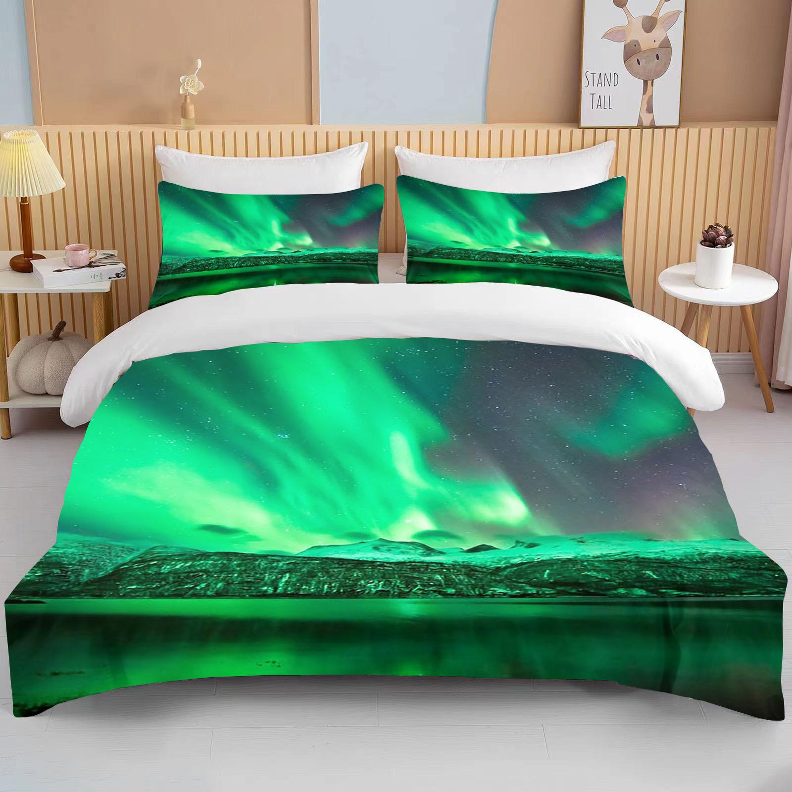 

Galaxy Duvet Cover Set Northern Light Bedding Set for Kids Starry Aurora Comforter Cover Glitter Green Blue Decor Quilt Cover EU Single(135x200cm)