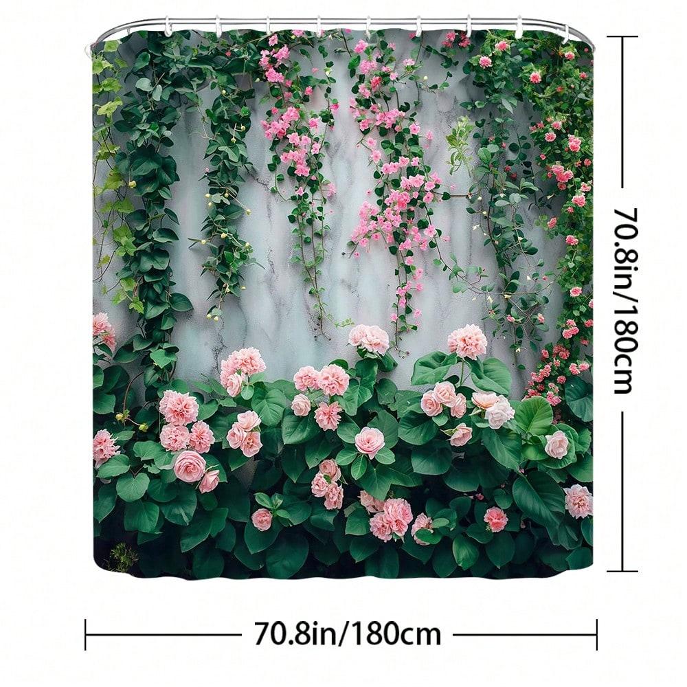 Outdoor Garden Shower Curtain Garden Landscape Ivy Pink Flowers Green Leaves Vine Green Plants Fabric Printing Modern Simple