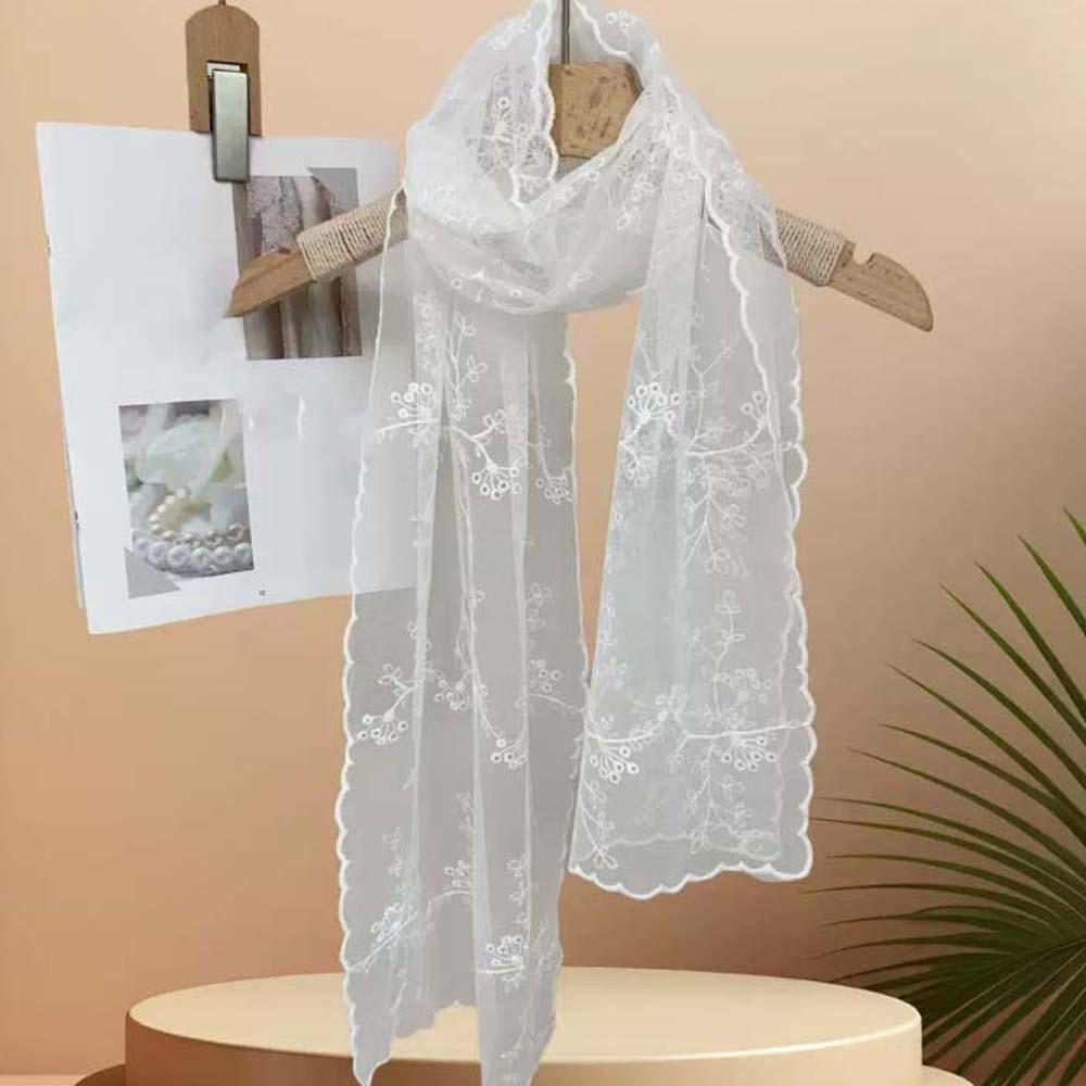 Breathable Spring Silk Scarf Polyester Long Hijab Scarf Headband Embroidered Flower Shawl  Vacation