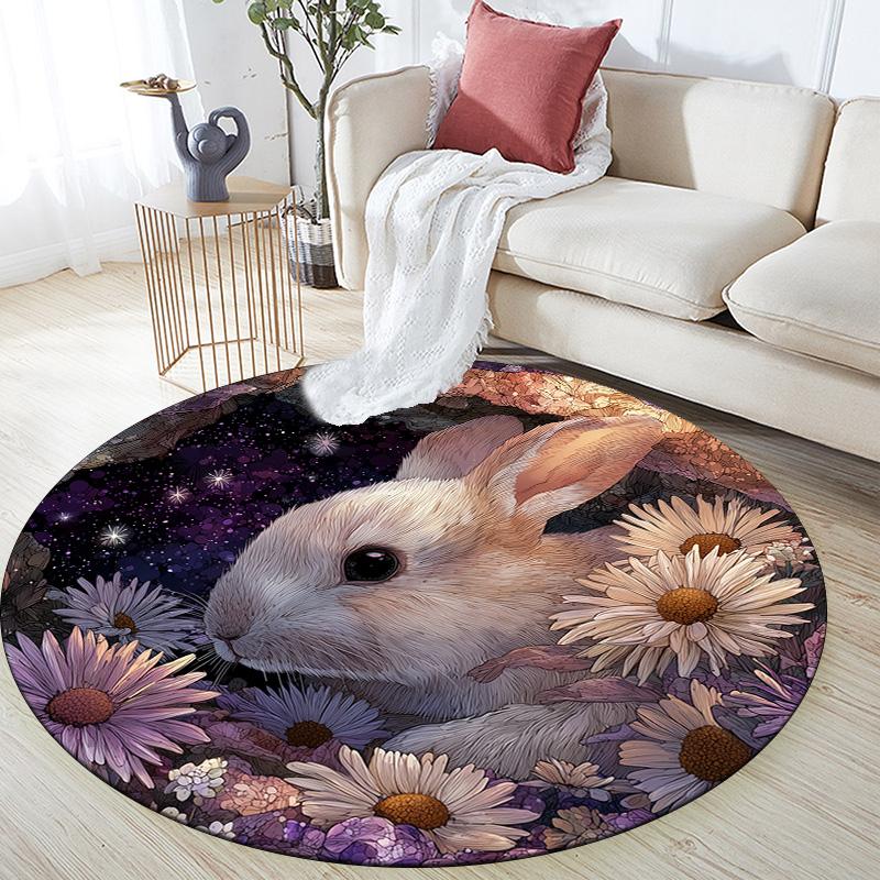 Rabbits in Flower Bush,Round Area Rug,Carpet Rug for Living Room Bedroom Sofa Playroom Decor,Non-slip Floor Mat